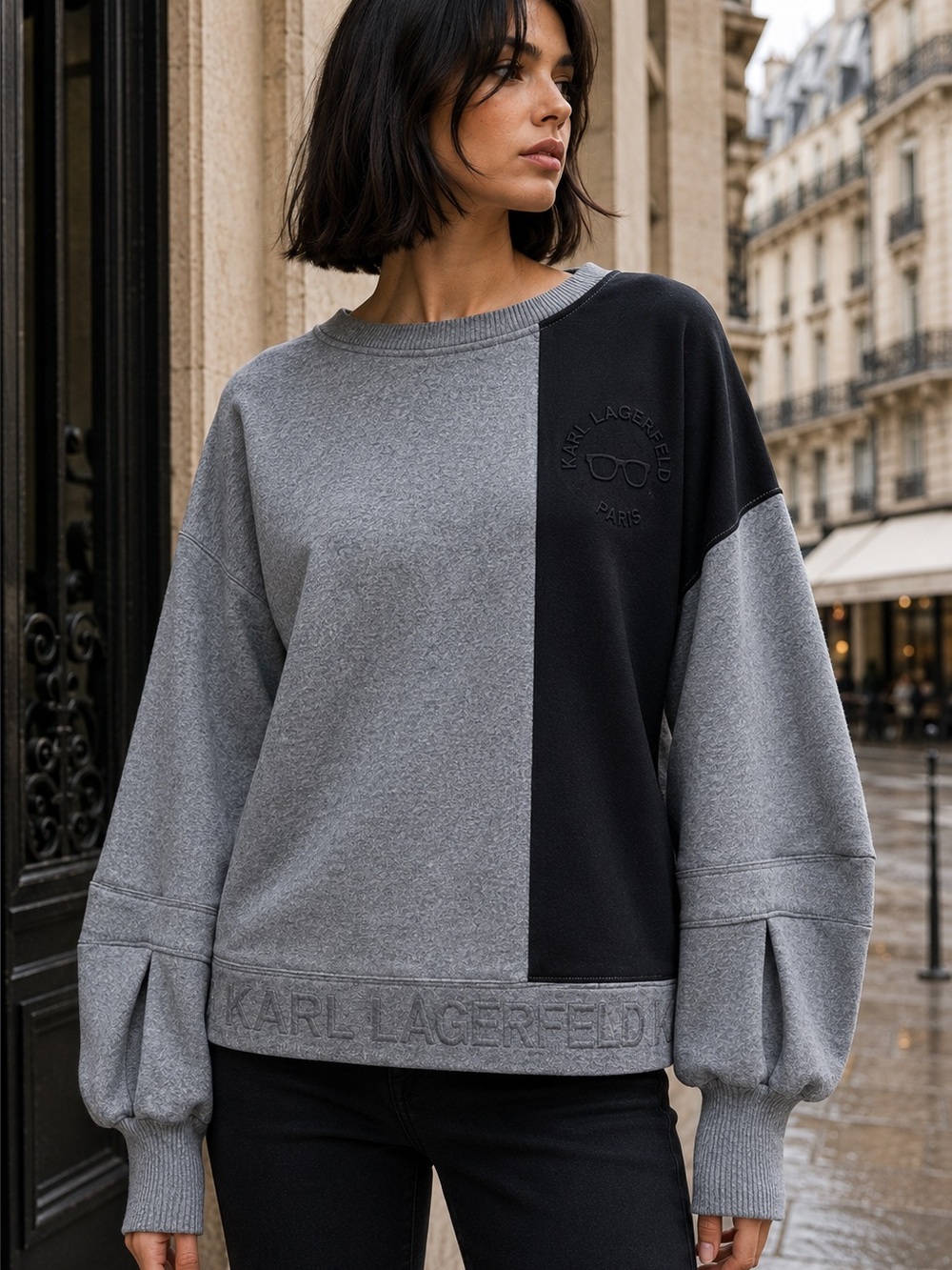 KARL LAGERFELD Heather Gray and Black Color Block Avant Garde Sweatshirt, M